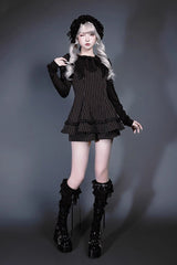 Black Long Sleeves Vertical Stripe Print Ruffle Bowknot Jirai Kei Japanese Witch Set - Product - 2