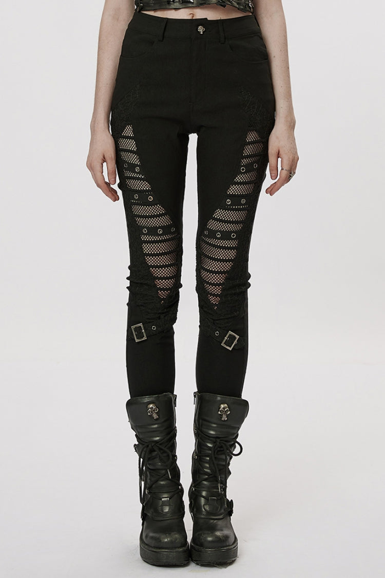 Black Hollow Japanese Buckles Stitching Mesh Women's Gothic Leggings - Black - 1
