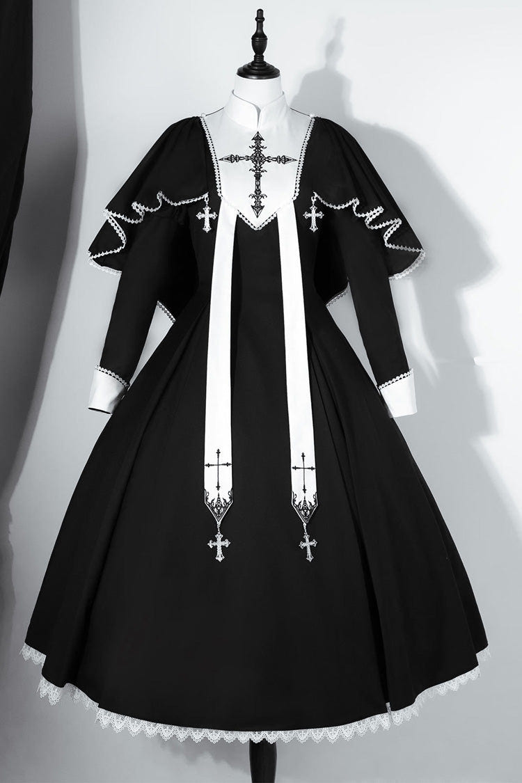 Black Monastery Long Sleeves Cross Print Gothic Lolita Dress Two-piece Set - Black - 1