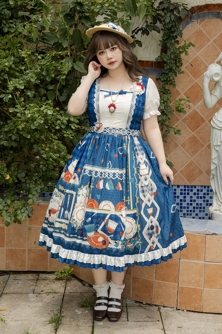 Dark Blue [Tea Party] Short Sleeves Print Ruffle Bowknot Lace Sweet Elegant Lolita Dress - Dark Blue - 1
