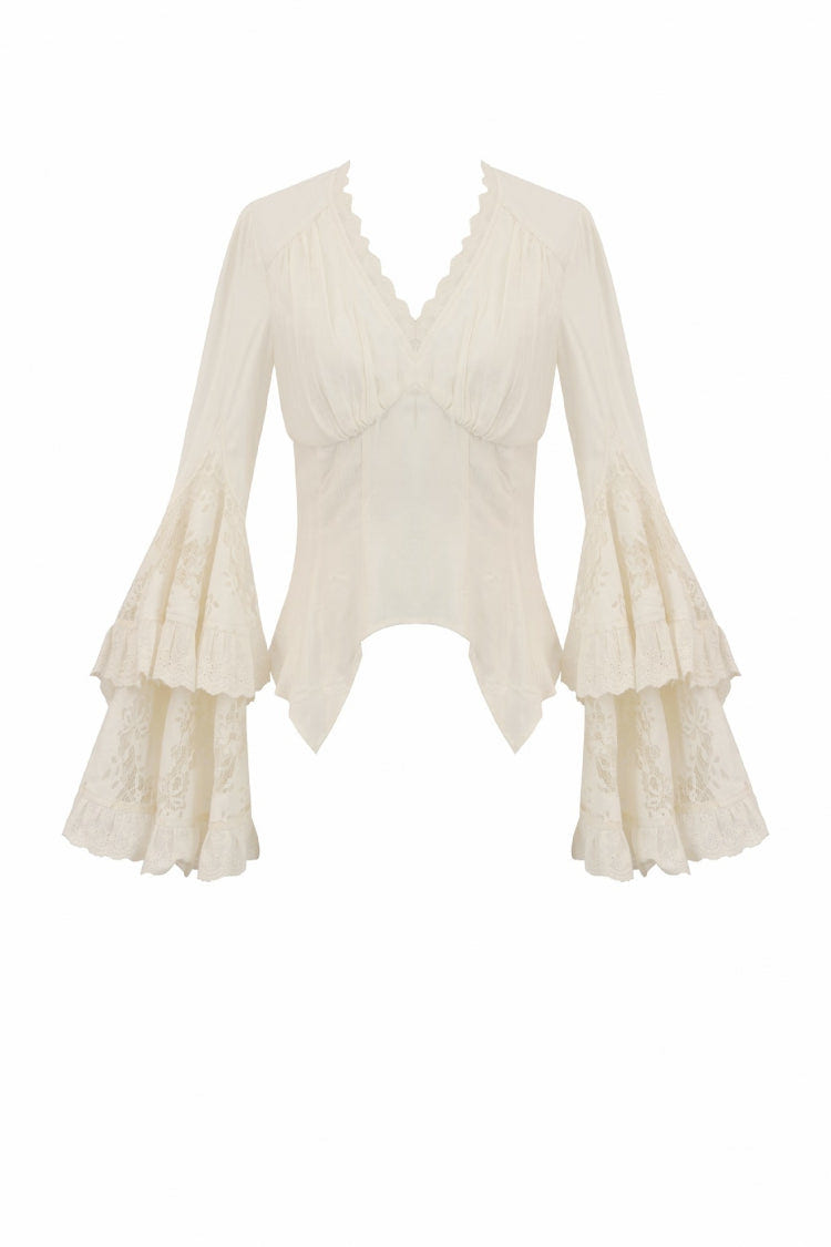 Beige V Collar Long Trumpet Sleeves Multi-Layered Lace-Up Women's Stempunk Blouse - Product - 3