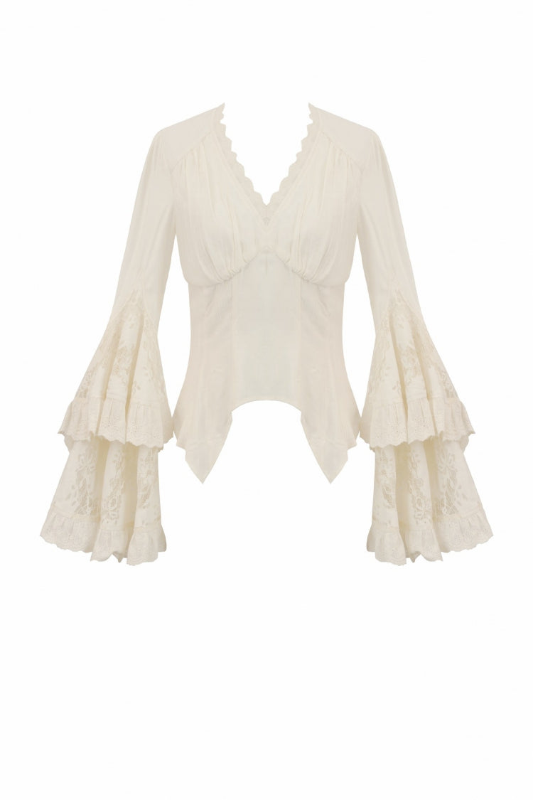 Beige V Collar Long Trumpet Sleeves Multi-Layered Lace-Up Women's Stempunk Blouse - Product - 3