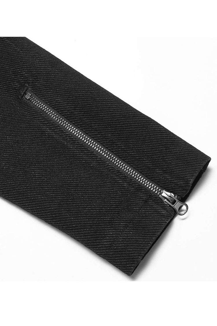 Black Punk Washed Aged Texture Rough Grain Splicing Mesh Metal Buttonholes Zipper Trim Long Sleeve Men's Coat - Product - 6