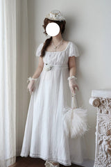 White Square Collar Short Sleeves Jacquard Ruffled Lace Sweet Elegant Lolita Dress - White - 1