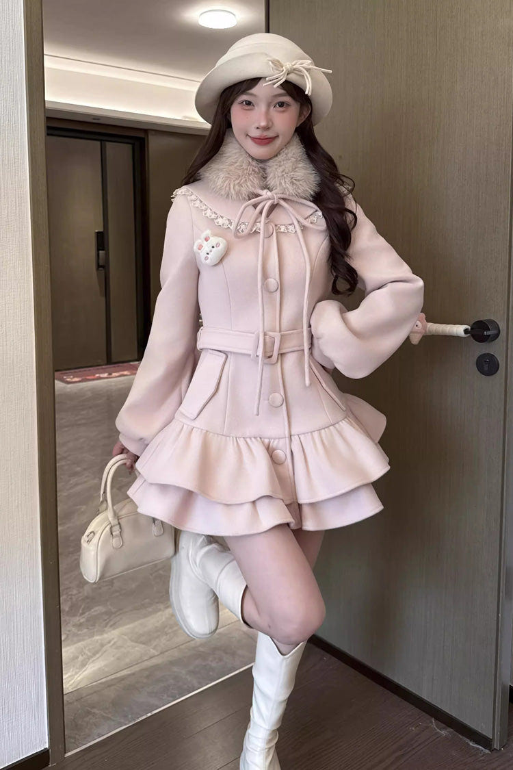 Pink [Berry Champagne] Doll Collar Long Sleeves Double-Layered Ruffled Sweet Princess Lolita Wool-blend Coat - Product - 3