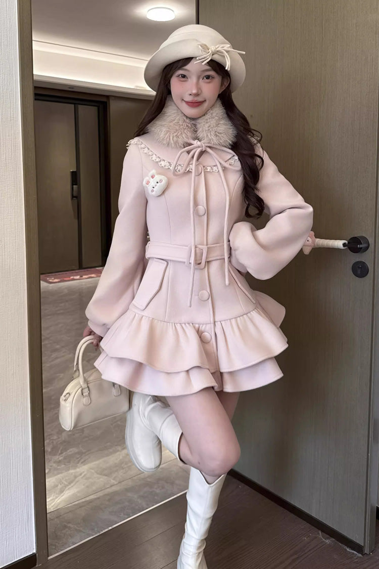 Pink [Berry Champagne] Doll Collar Long Sleeves Double-Layered Ruffled Sweet Princess Lolita Wool-blend Coat - Product - 3