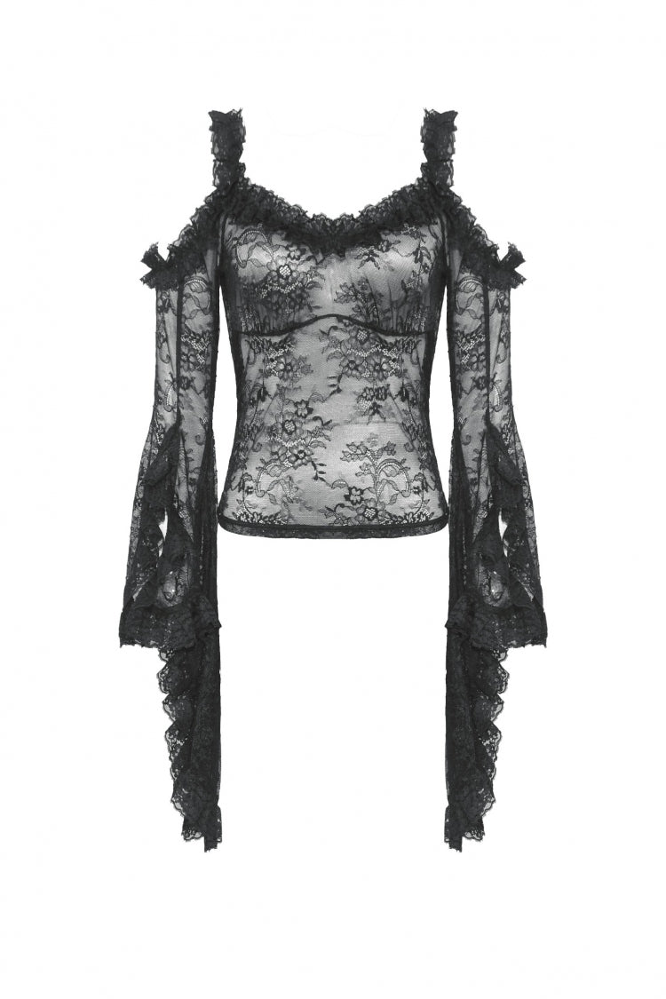 Black Off Shoulder Long Flare Sleeves Lace Women's Gothic Romantic Top - Product - 3