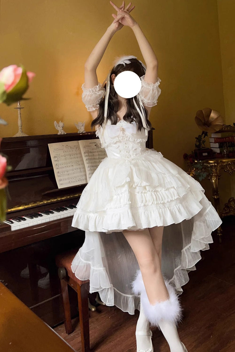 White Sleeveless Multi-layer Ruffle Bowknot Sweet Lolita Jsk Dress - Product - 2