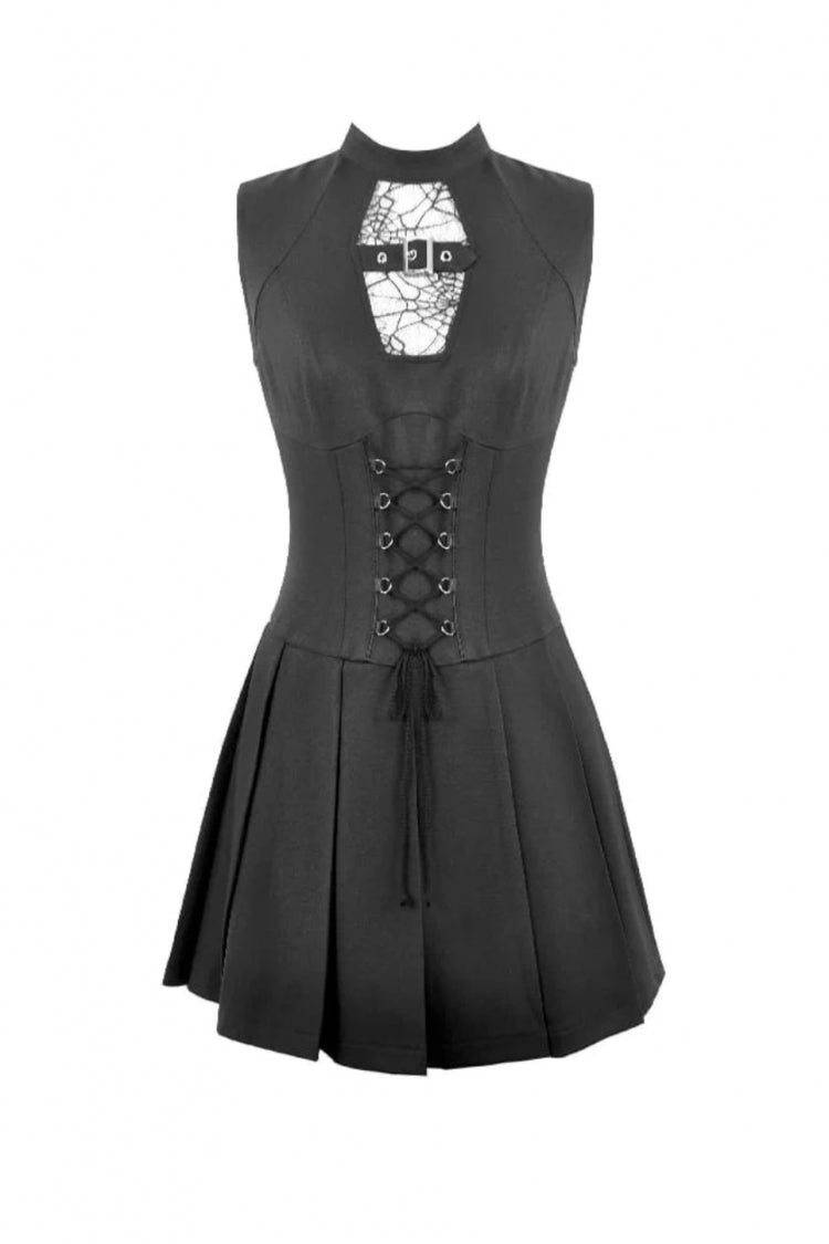 Black Sleeveless Cut-Out Cobweb Sheer Mesh Lace-Up Women's Punk Mini Dress - Product - 3