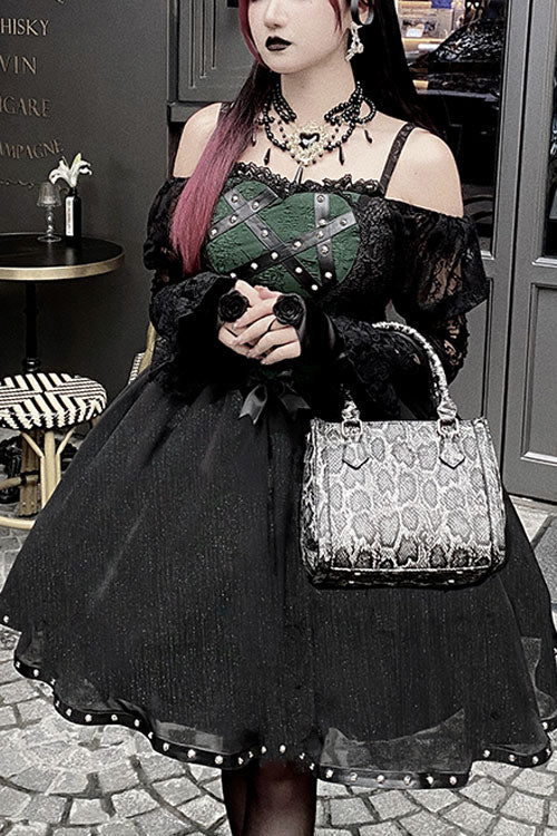 Black Green Elegant Bowknot Long Sleeves Gothic Lolita Jsk Dress - Black - 1