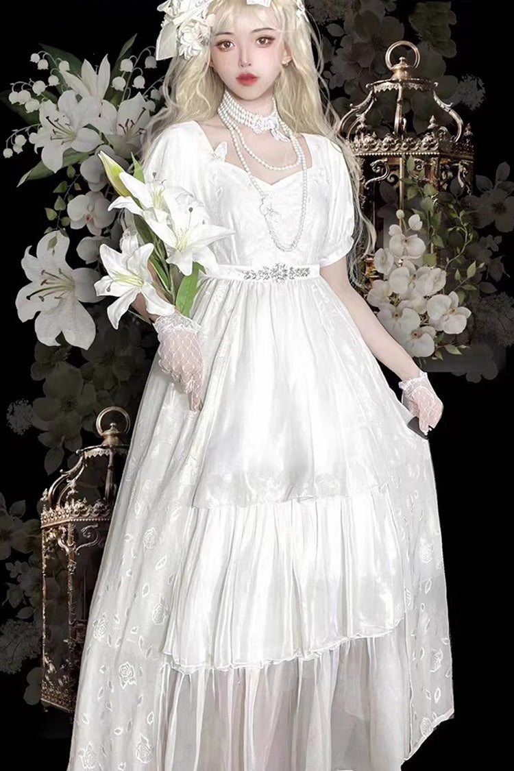 White Square Collar Short Sleeves Subtle Rose Printed Embroidered Bow Sweet Elegant Lolita Dress - White - 1