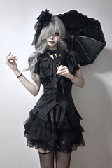 Black Ruffled Bow Gothic Japanese Lolita Blouse - Black - 1