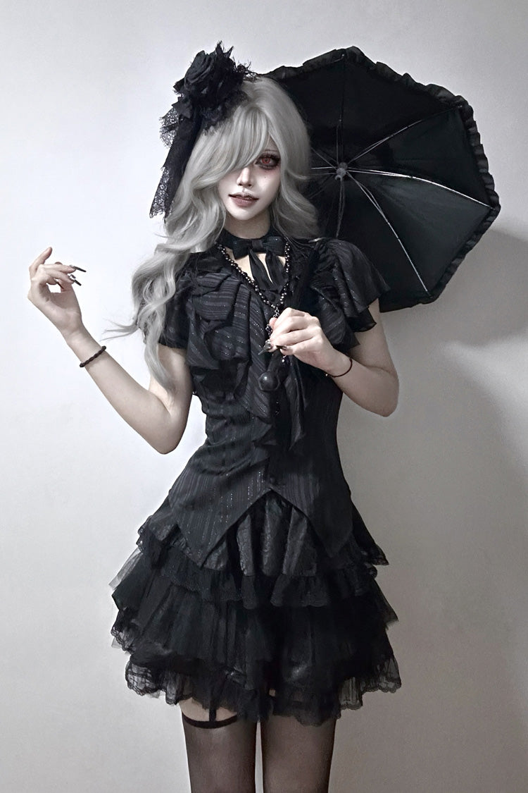 Black Ruffled Bow Gothic Japanese Lolita Blouse - Black - 1