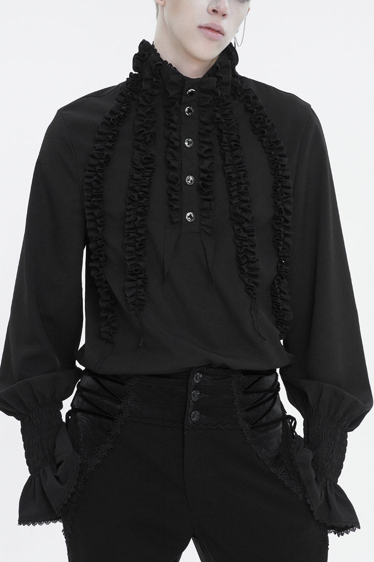 Black Irregular Stand Collar Puff Sleeved Ruffled Men's Gothic Shirt - Black - 1