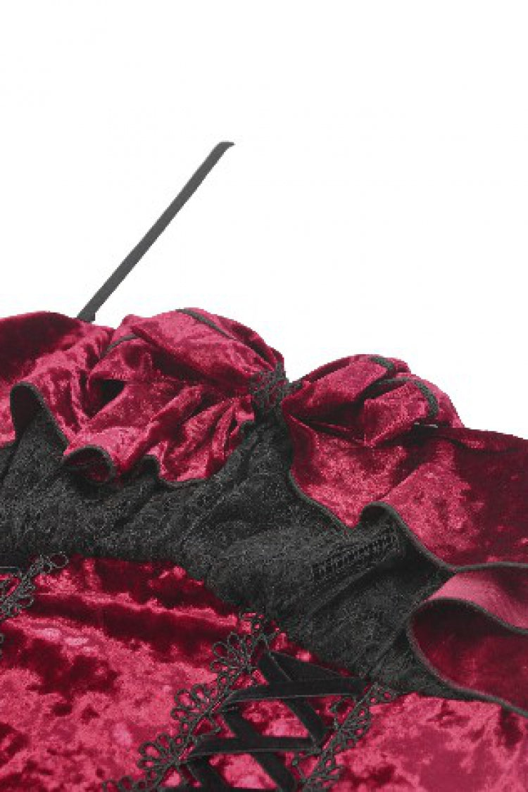 Wine Red Corset Lace-Up Velvet Irregular Pointed Tail Women's Lolita Gothic Cami Mini Dress - Product - 12