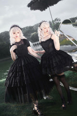 Black Twin Ivory Towers Short Sleeves Five-Layered Ruffle Gothic Lolita Dress - Product - 7
