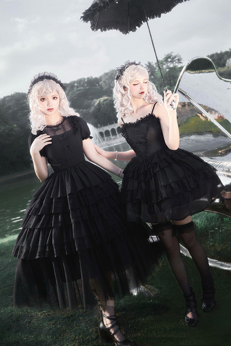 Black Twin Ivory Towers Short Sleeves Five-Layered Ruffle Gothic Lolita Dress - Product - 7