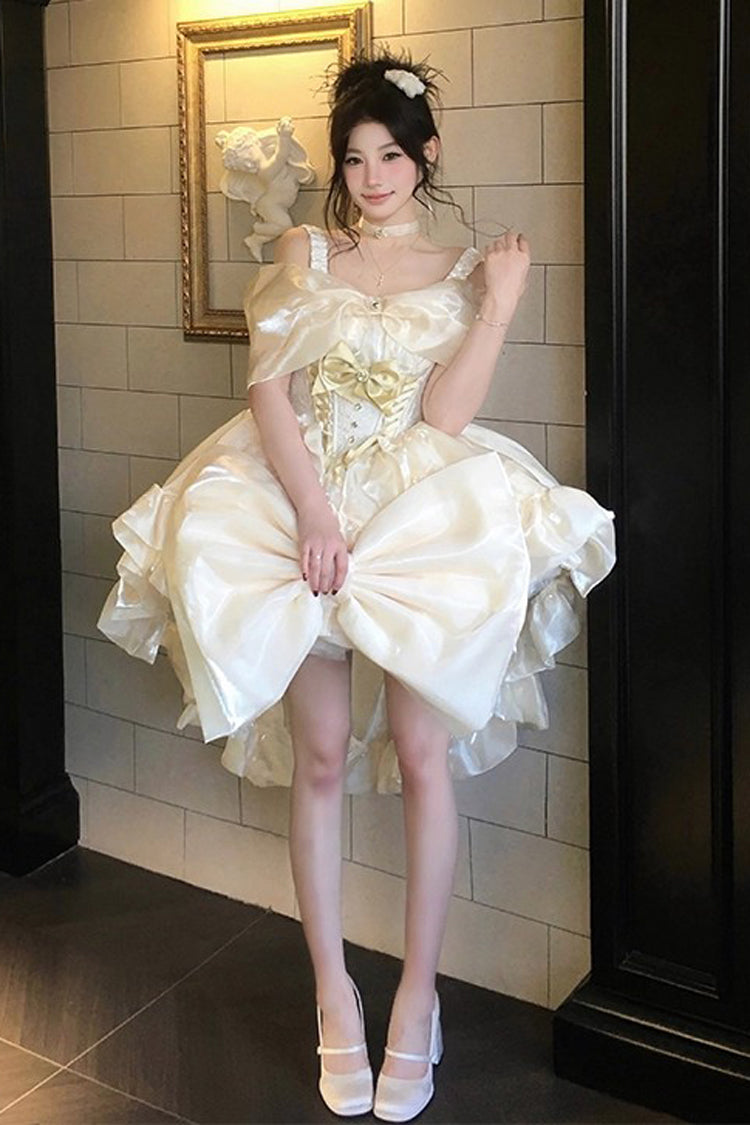 Gold [Proxima Centauri] Off Shoulder Ruffle Bowknot Sweet Princess Lolita Dress - Product - 3