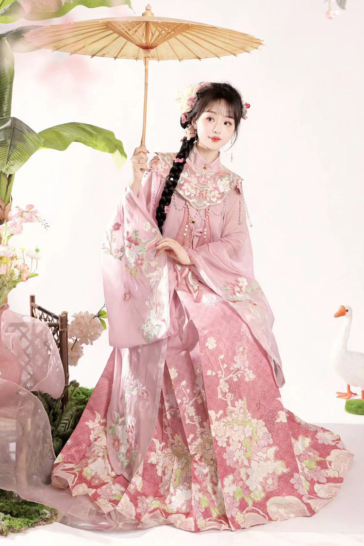 Pink Stand Collar Long Sleeves Ming-Style Embroidery Cloud Shoulder Sweet Hanfu Horse-Face Dress Set - Product - 3