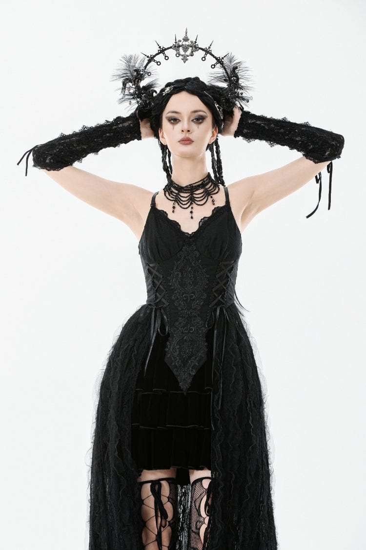 Black Sleeveless Floral Embroidered Lace Lace-Up Women's Gothic Slip Dress Wedding Dress - Black - 1