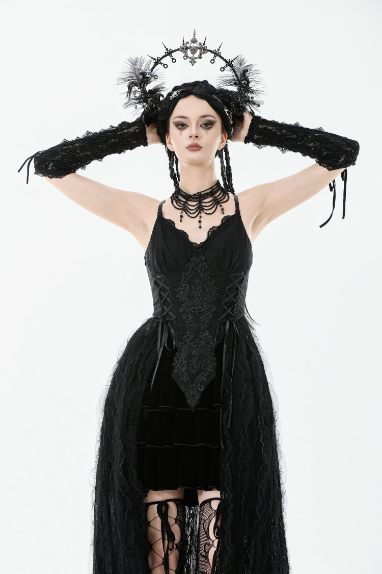 Black Sleeveless Floral Embroidered Lace Lace-Up Women's Gothic Slip Dress Wedding Dress - Black - 1