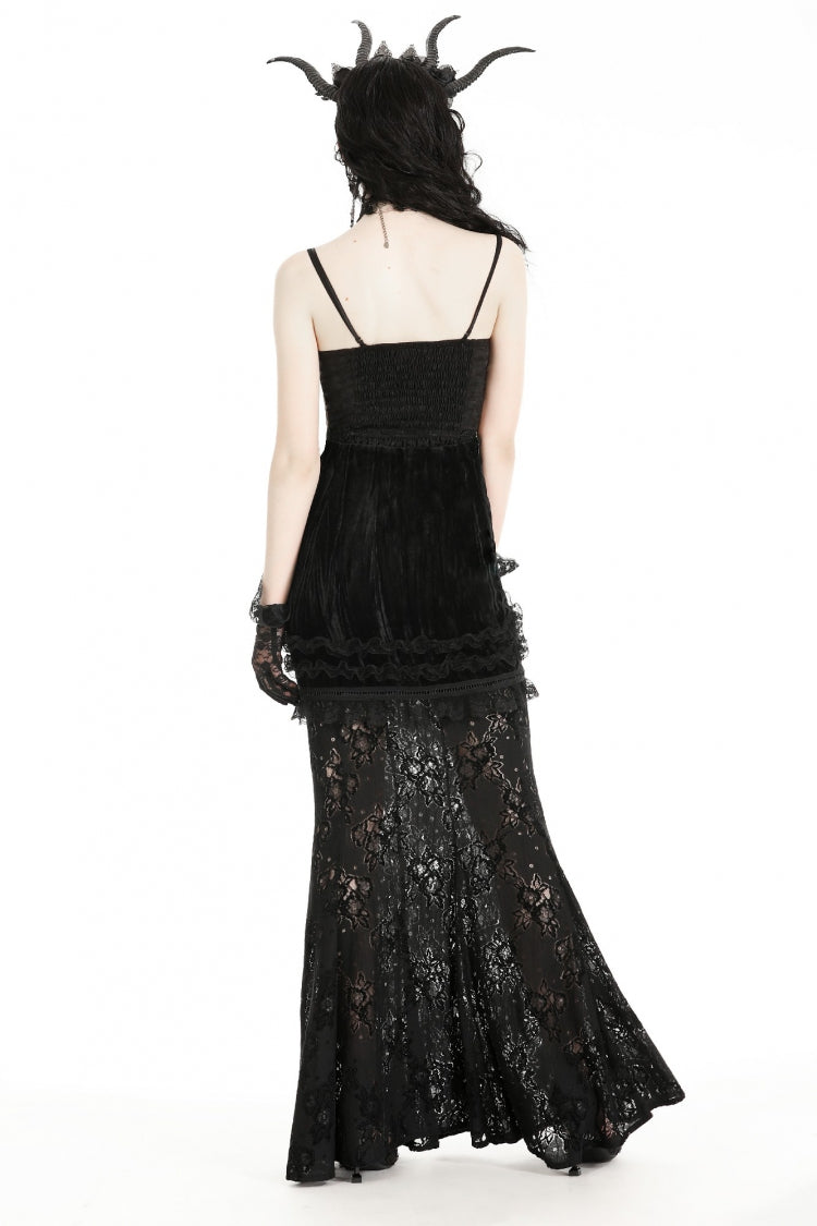 Black Spaghetti Straps Sheer Double-Layered Ruffled Lace Women's Gothic Top - Product - 4