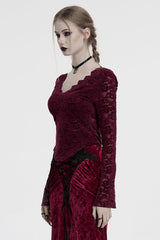Red V Collar Long Sleeves Lace Sheer Women's Gothic Blouse - Product - 2