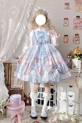 Blue Sleeveless High Waisted Rabbit Print Ruffle Bowknot Sweet Lolita Jsk Dress - Product - 7