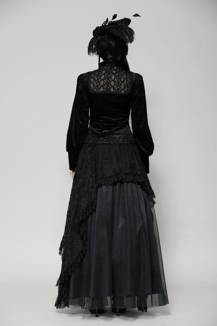 Black Ruffled Turtleneck Bishop Long Sleeves Floral Lace Patchwork Velvet Women's Gothic Blouse - Product - 4