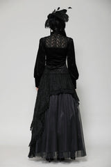 Black Ruffled Turtleneck Bishop Long Sleeves Floral Lace Patchwork Velvet Women's Gothic Blouse - Product - 4