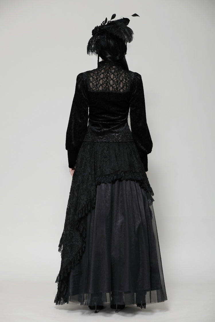 Black Ruffled Turtleneck Bishop Long Sleeves Floral Lace Patchwork Velvet Women's Gothic Blouse - Product - 4