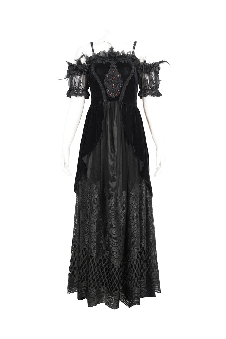 Black Off Shoulder High Waisted Print Lace Women's Gothic Dress - Product - 6