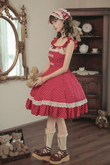 Red [Showa Memoir] Polka Dots Printed Ruffled Bow Sweet Lolita Dress - Product - 11