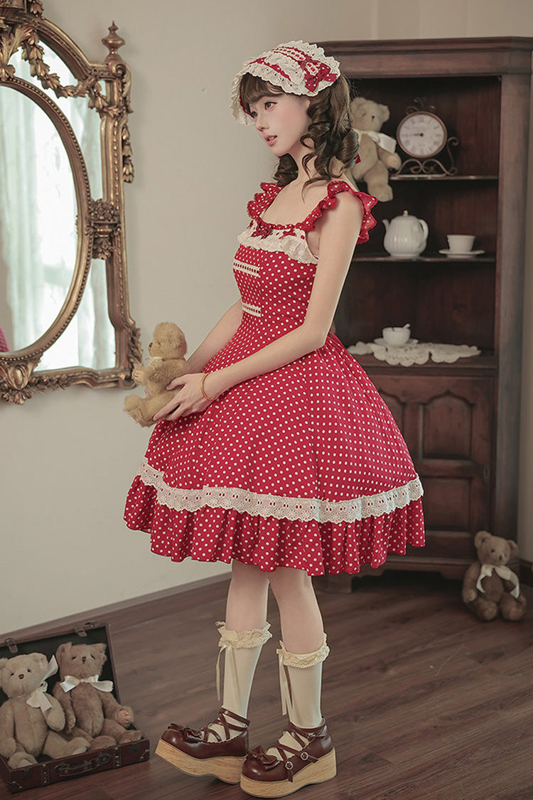 Red [Showa Memoir] Polka Dots Printed Ruffled Bow Sweet Lolita Dress - Product - 11