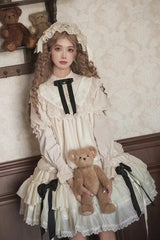 Ivory [Glass Flower Room] Short Sleeves Triple-Layered Ruffled Rose Embroidered Bow Cotilla Sweet Lolita Dress Set - Ivory/Black - 2