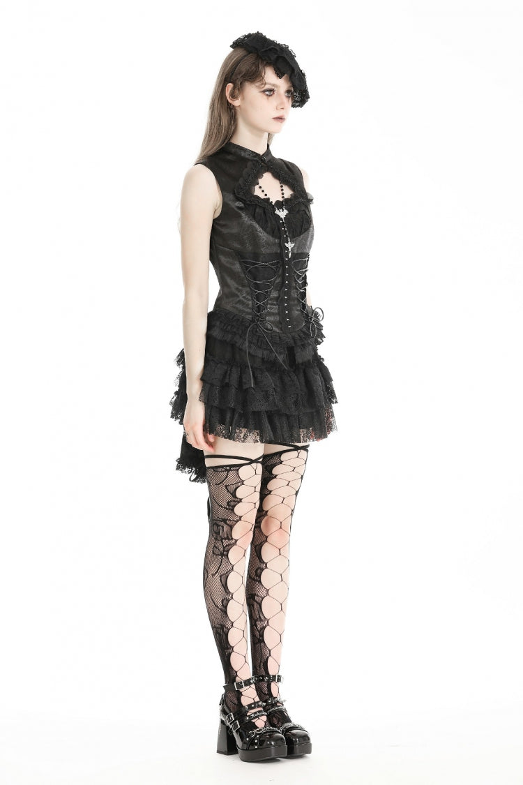 Black Sleeveless Cut-Out Lace Trim Side Lace-Up Women's Gothic Sexy Corset Top - Product - 2