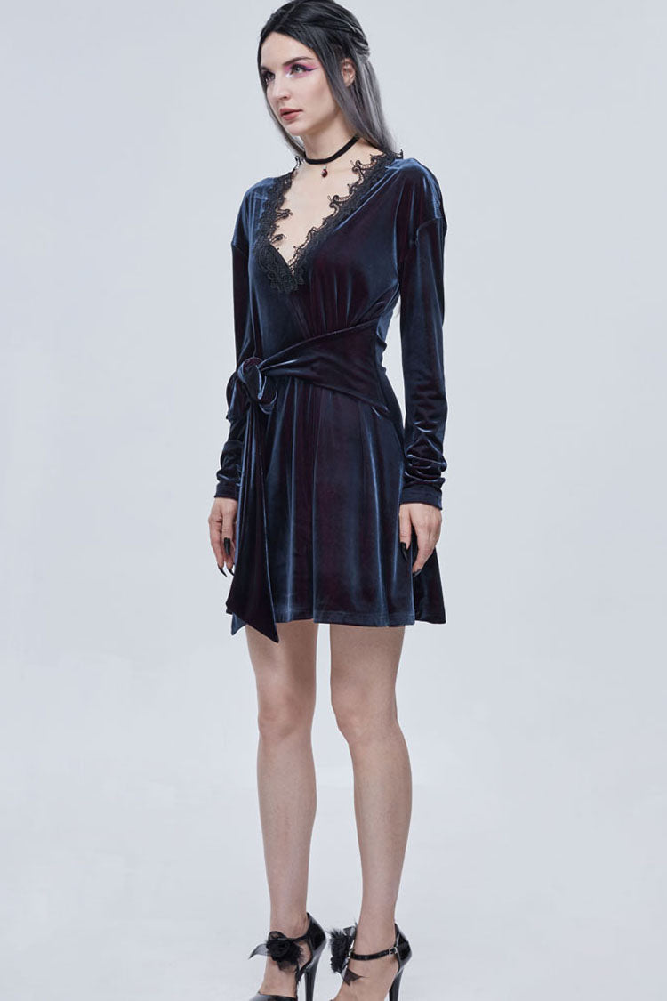 Black/Red Gothic Lace V Neck Bow-Knot Frenulum Velvet Long Sleeve Women's Dress - Product - 8