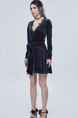 Black/Red Gothic Lace V Neck Bow-Knot Frenulum Velvet Long Sleeve Women's Dress - Product - 8