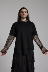 Black Round Collar Long Sleeves Mesh Ripped Men's Punk T-Shirt - Product - 2
