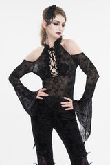 Black Off Shoulder Flared Sleeved Lace Mesh Women's Gothic Shirt - Black - 1