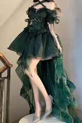 Green Midsummer Dream Short Sleeves Ruffle Hanayome Off-The-Shoulder Gothic Short Lolita Dress - Product - 3