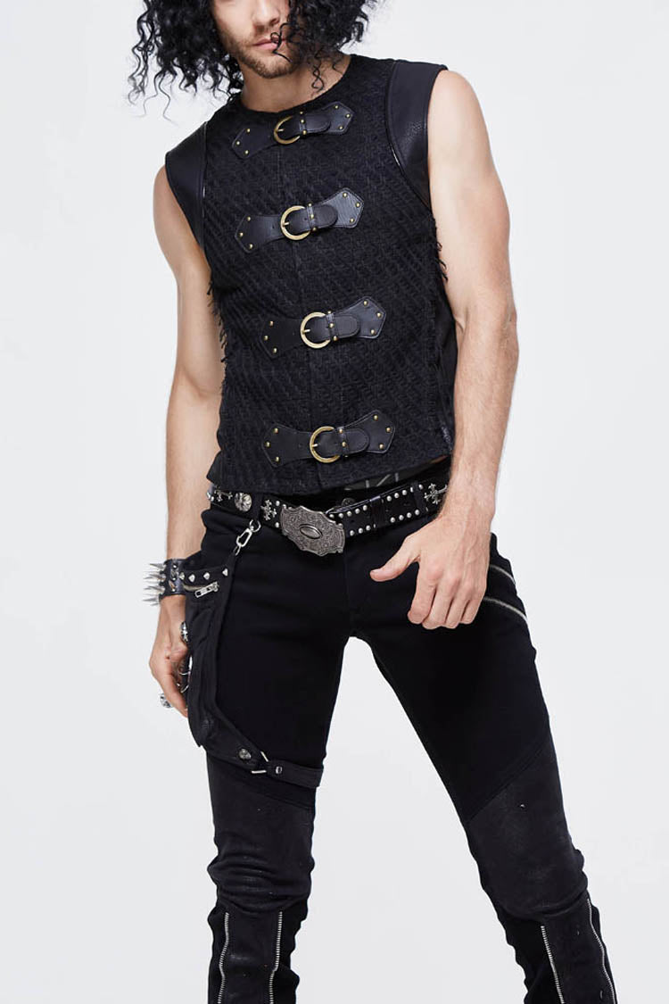 Black Coarse Texture Woolen Patchwork Heat Seal Backing Leather Loop Rough Selvage Men's Punk Waistcoat - Black - 1
