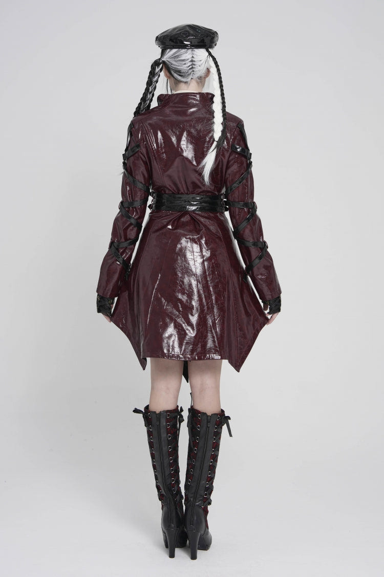 Red Lapel Collar Long Sleeves Lace-Up Irregular Eyelets & Rings Women's Punk Coat - Product - 5