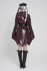 Red Lapel Collar Long Sleeves Lace-Up Irregular Eyelets & Rings Women's Punk Coat - Product - 5