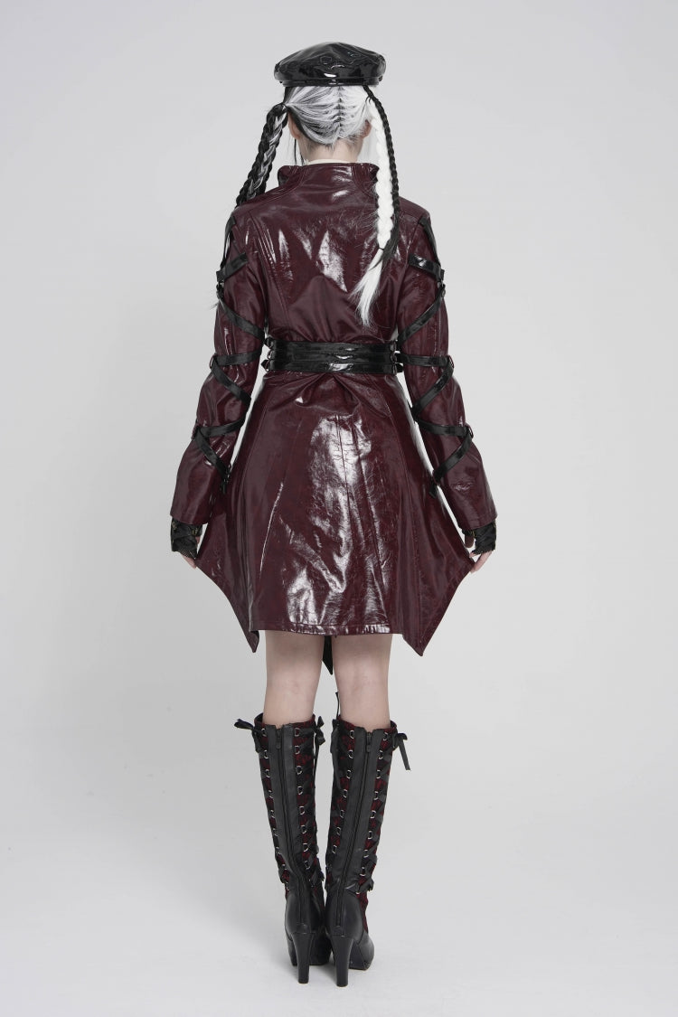 Red Lapel Collar Long Sleeves Lace-Up Irregular Eyelets & Rings Women's Punk Coat - Product - 5