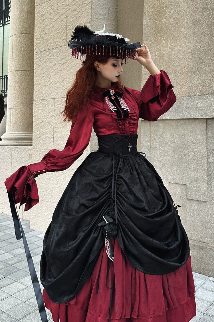 Black/Red [Moonlit Return] Printed Boned Gothic Elegant Lolita Skirt - Product - 6
