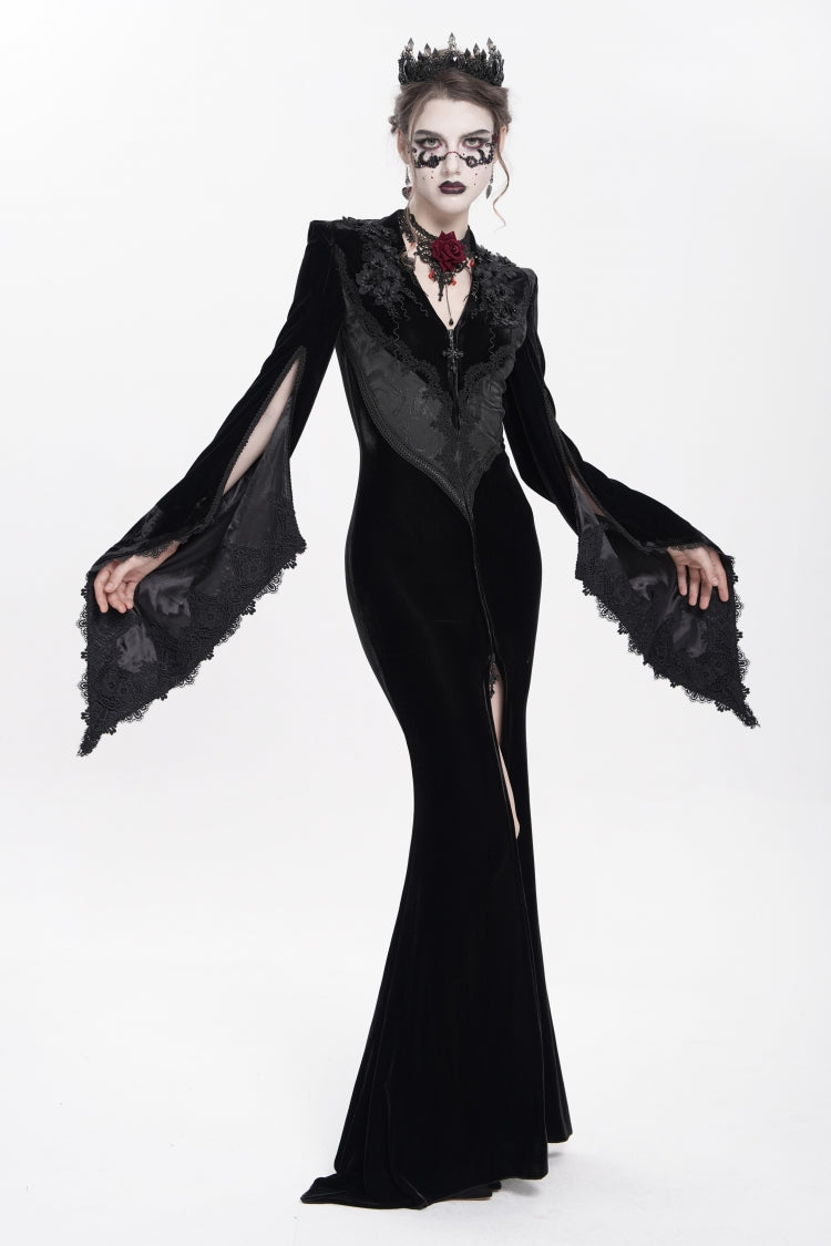 Black V Collar Long Trumpet Sleeves Floral Embroidered Velvet Women's Gothic Dress - Product - 11
