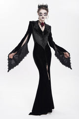 Black V Collar Long Trumpet Sleeves Floral Embroidered Velvet Women's Gothic Dress - Product - 11