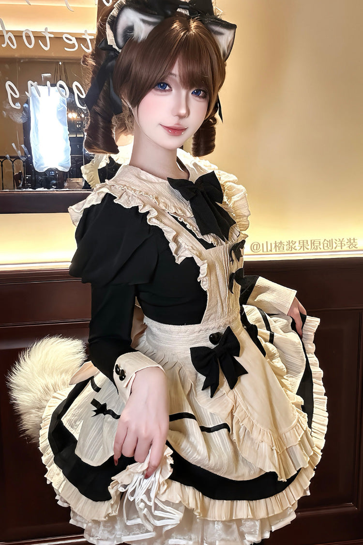 Black Lapel Collar Short Sleeves Ruffled Bow Sweet Elegant Maid Halloween Lolita Dress - Product - 9
