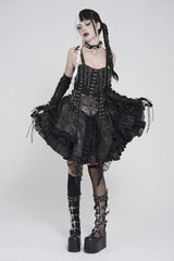 Black Off Shoulder Lace Lace-Up Slim Mesh Strappy Chain-Decorated Eyelet Women's Punk Corset - Product - 5